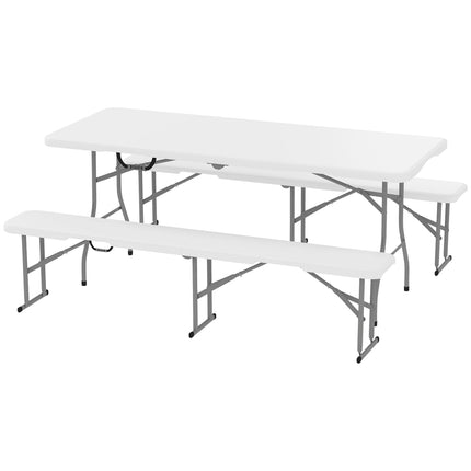 Ensemble de tente à bière pliable 3 pièces, table de camping, 2 bancs à bière avec poignée de transport, ensemble de chapiteau, table à bière pour balcon, jardin, tente de fête 180 x 74 x 74 cm Aosom
