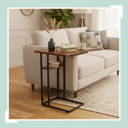 Table d'appoint pliable en forme de C, aspect bois, cadre noir