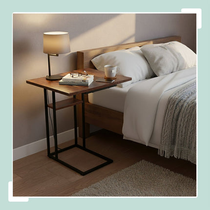 Table d'appoint pliable en forme de C, aspect bois, cadre noir