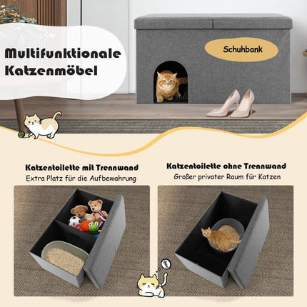 Niche et banc pliables pour chat avec bac à litière, 90 x 50 x 50 cm, gris
