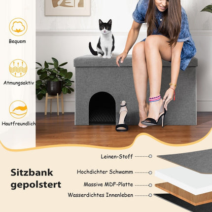Niche et banc pliables pour chat avec bac à litière, 90 x 50 x 50 cm, gris