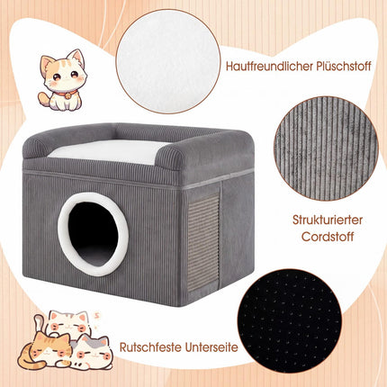 Faltbares Katzenhaus mit Sisalmatte & weichem Kissen, Grau