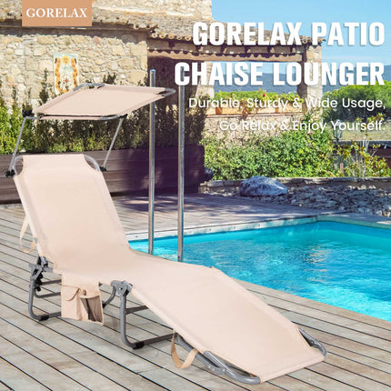 Chaise longue pliable avec pare-soleil et poche latérale