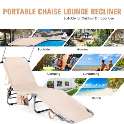 Chaise longue pliable avec pare-soleil et poche latérale