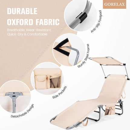 Chaise longue pliable avec pare-soleil et poche latérale