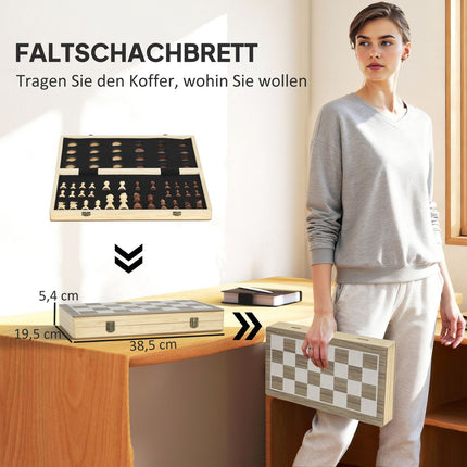 Jeu d'échecs et de dames pliable, noyer, étui compact