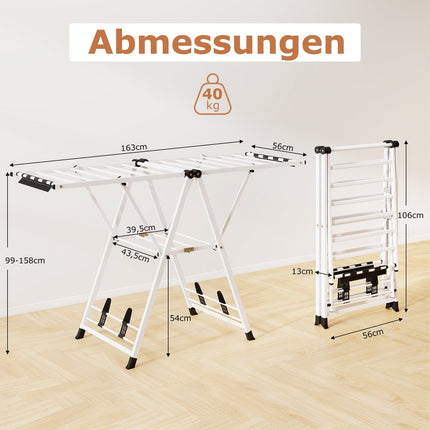 Étendoir à linge pliable avec ailes réglables, 163 cm
