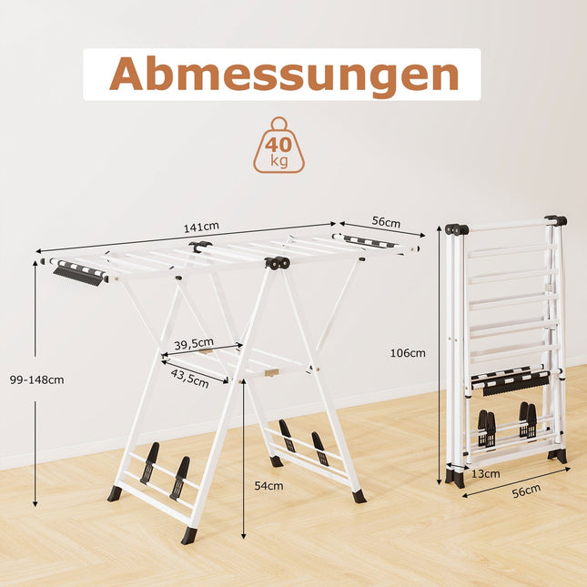 Étendoir à linge pliable avec ailes réglables, blanc