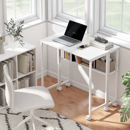 Bureau pliable avec étagère, blanc, profondeur 50-21 cm