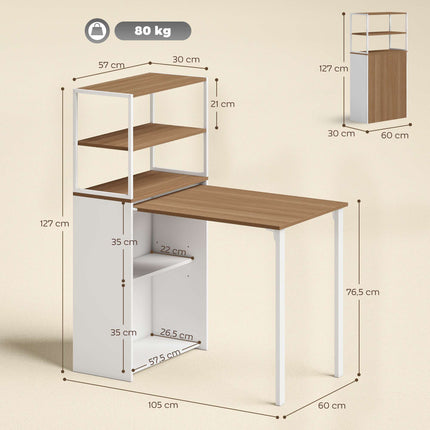 Bureau pliable avec étagères, 105 x 60 x 127 cm, bois naturel
