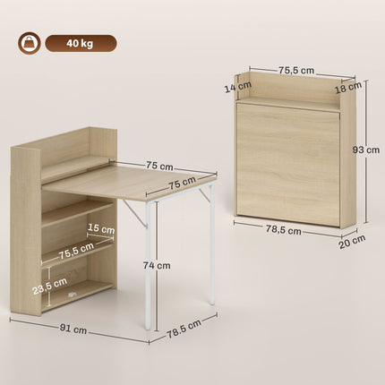 Table de salle à manger pliable avec étagère, design industriel, chêne, gain de place