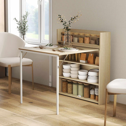 Table de salle à manger pliable avec étagère, design industriel, chêne, gain de place