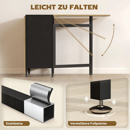 Klappbarer Esstisch mit Ablagen, dunkles Holz & Schwarz