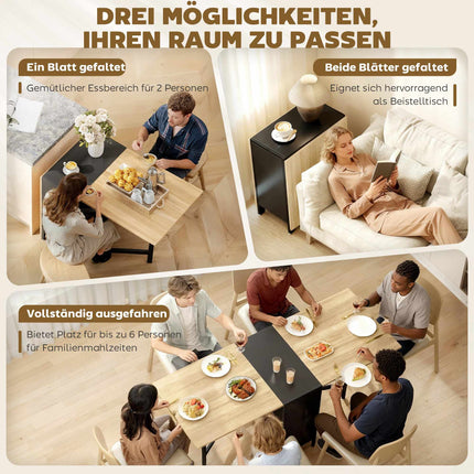 Klappbarer Esstisch mit Ablagen, dunkles Holz & Schwarz