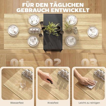 Klappbarer Esstisch mit Ablagen, dunkles Holz & Schwarz