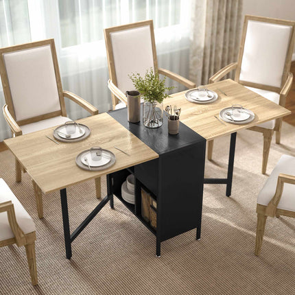 Klappbarer Esstisch mit Ablagen, dunkles Holz & Schwarz