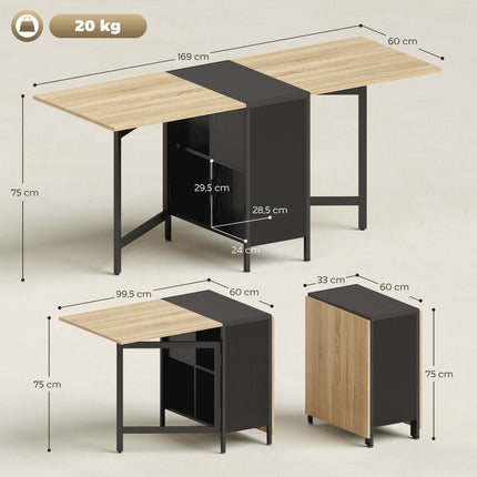 Klappbarer Esstisch mit Ablagen, dunkles Holz & Schwarz