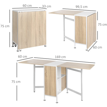 Table de salle à manger pliante avec étagères, chêne et blanc, 169 x 60 x 75 cm