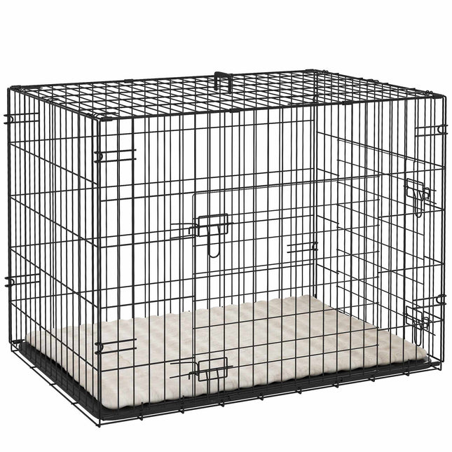 Cage de transport pliable pour chien avec 2 portes, plateau et coussin, noire