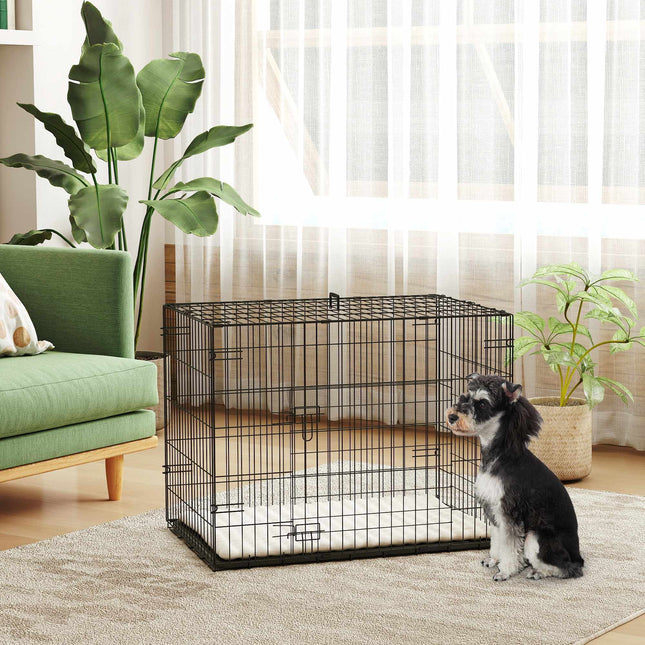 Cage de transport pliable pour chien avec 2 portes, plateau et coussin, noire