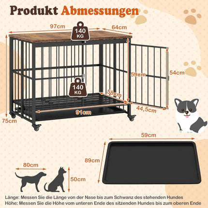 Faltbare Hundebox mit herausnehmbarer Ablage, Rollen und verriegelbarer Tür