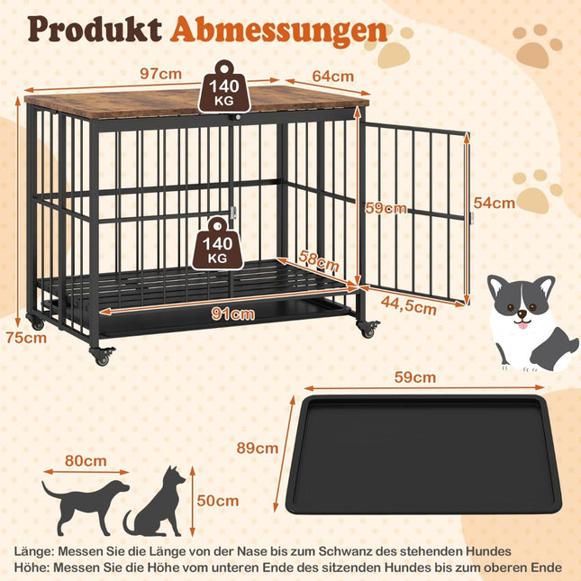 Cage pliable pour chien avec plateau, roulettes et porte verrouillable