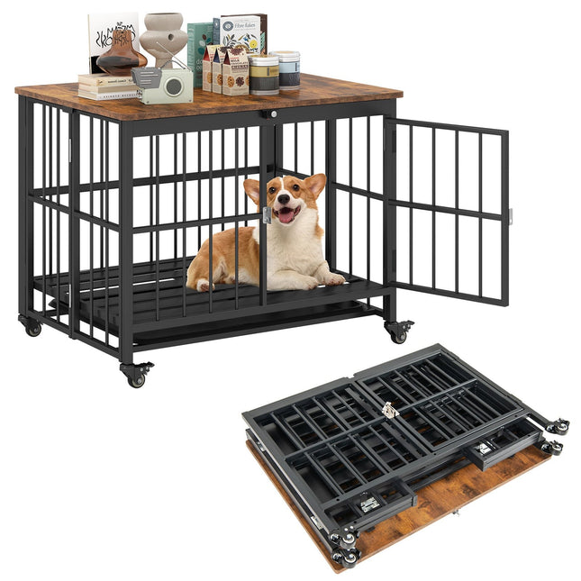 Cage pliable pour chien avec roulettes et plateau amovible