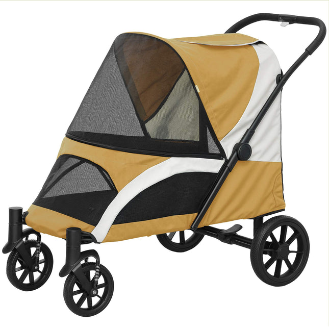 Poussette pliable pour grands chiens, 4 roues, laisse de sécurité, marron