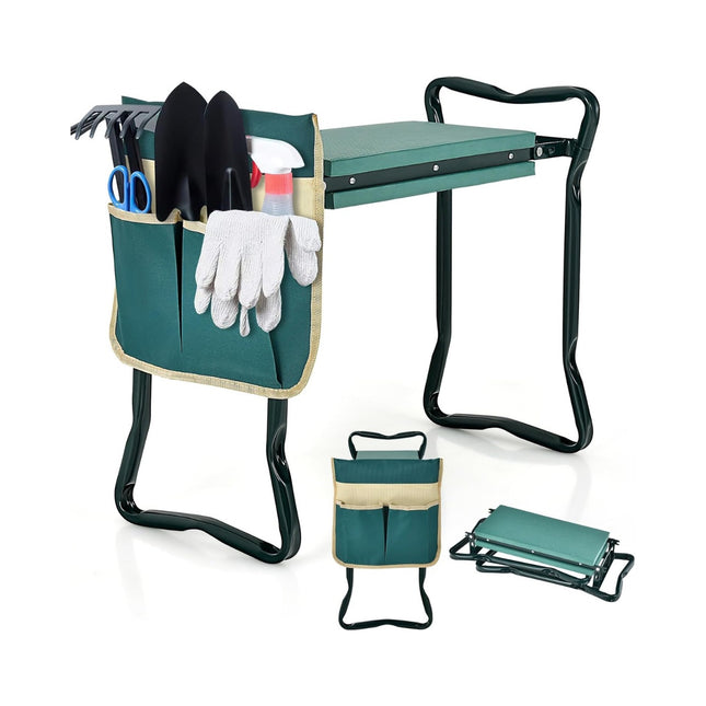 Genouillère et siège de jardin pliables avec coussin en EVA et sac à outils