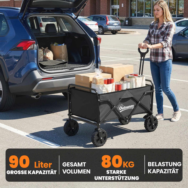 Chariot de jardin pliable avec poignée réglable, noir, capacité de 80 kg