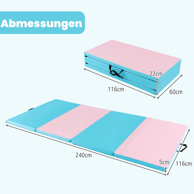 Tapis de gymnastique pliable avec poignées, 240 x 120 x 5 cm, bleu/rose
