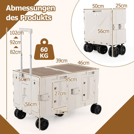 Chariot pliable avec plateau, 2 boîtes de rangement et poignée réglable
