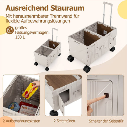 Chariot pliable avec plateau, 2 boîtes de rangement et poignée réglable
