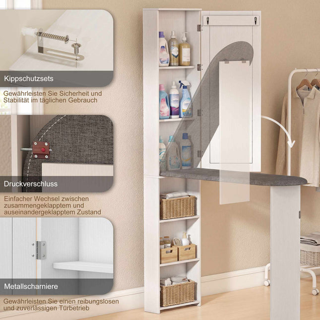 Armoire à repasser pliable avec miroir et étagères, blanche