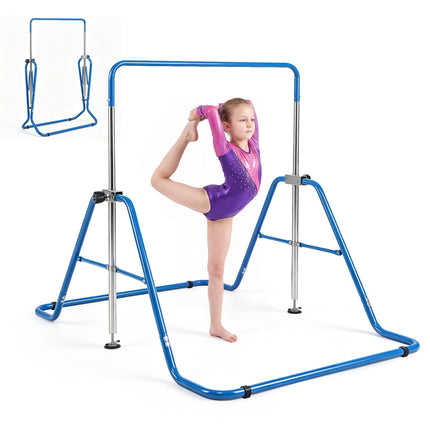 Foldable Kids Gymnastics Bar with 5 Height Levels, Blue, 143 lbs Capacity