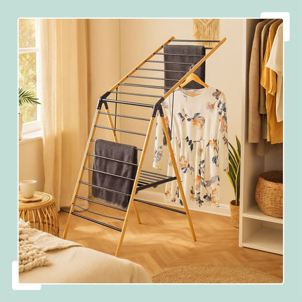 Étendoir à linge pliable - Bambou et métal, modèle à ailes