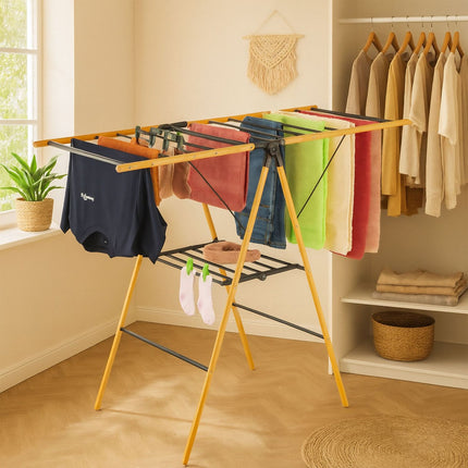 Étendoir à linge pliable - Bambou et métal, modèle à ailes