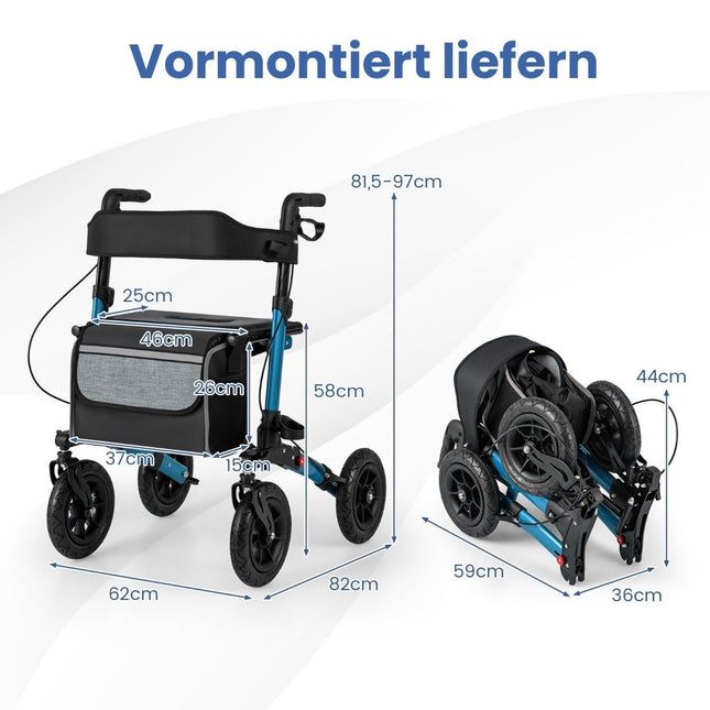 Déambulateur pliable et léger avec pneus à air, aluminium, capacité de charge de 140 kg