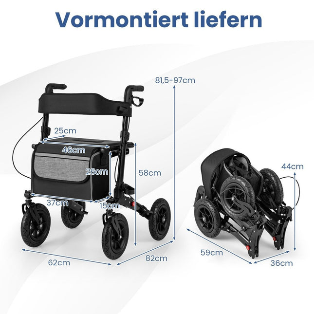 Déambulateur pliable et léger avec pneus à air, aluminium, capacité de charge de 140 kg