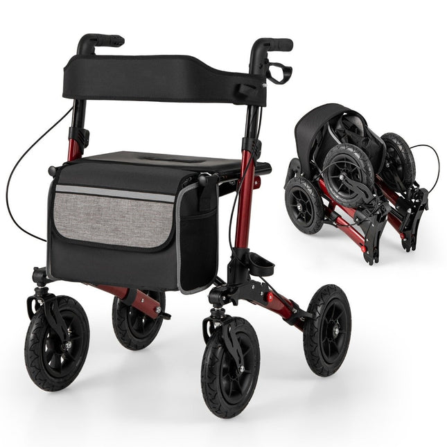 Déambulateur pliable et léger avec pneus à air, rouge, capacité de charge : 140 kg