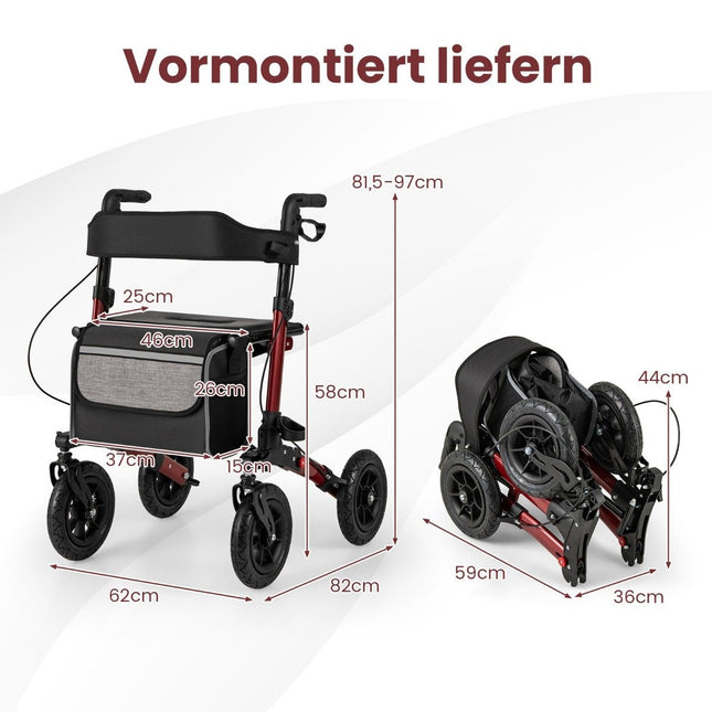 Déambulateur pliable et léger avec pneus à air, rouge, capacité de charge : 140 kg