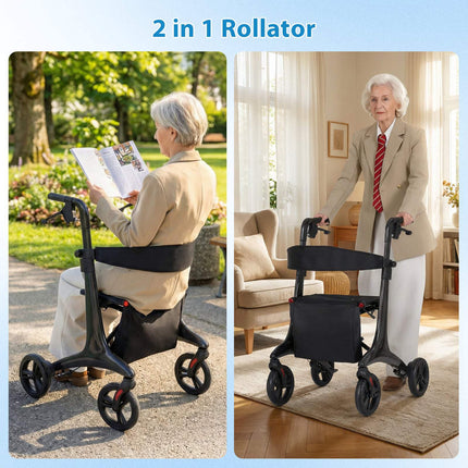 Faltbarer, leichter Rollator mit Sitz, Carbonfaser, Schwarz