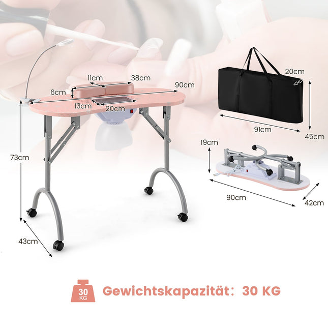 Table de manucure pliable avec collecteur de poussière et lampe LED