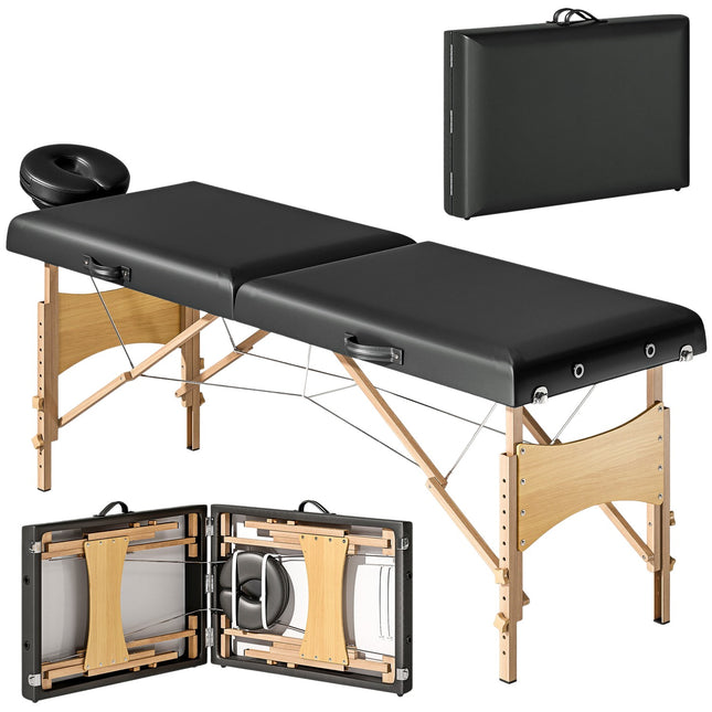 Foldable Massage Table, Height-Adjustable, Black, Wood Frame