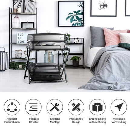 Porte-bagages pliable en métal avec étagère, noir, capacité de 60 kg