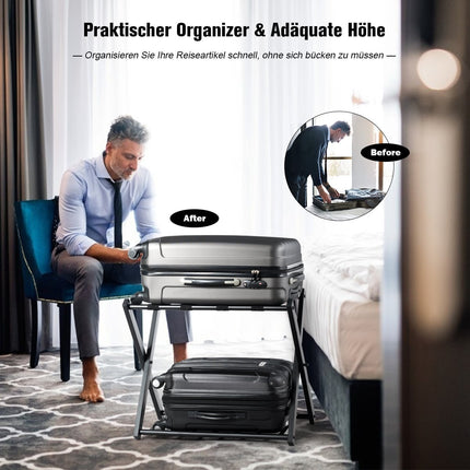 Porte-bagages pliable en métal avec étagère, noir, capacité de 60 kg