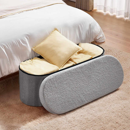 Foldable Oval Storage Ottoman Bench, Teddy Fleece, Gray