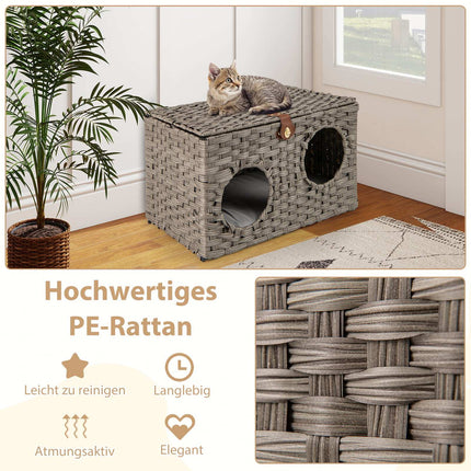Maison pour chat pliable en rotin PE avec coussin amovible