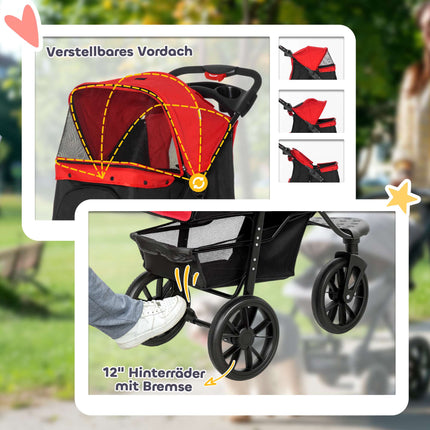 Poussette pliable pour animaux, 3 roues, fenêtres en filet, rouge, poids max. 10 kg