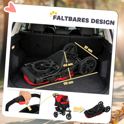 Poussette pliable pour animaux, 3 roues, fenêtres en filet, rouge, poids max. 10 kg